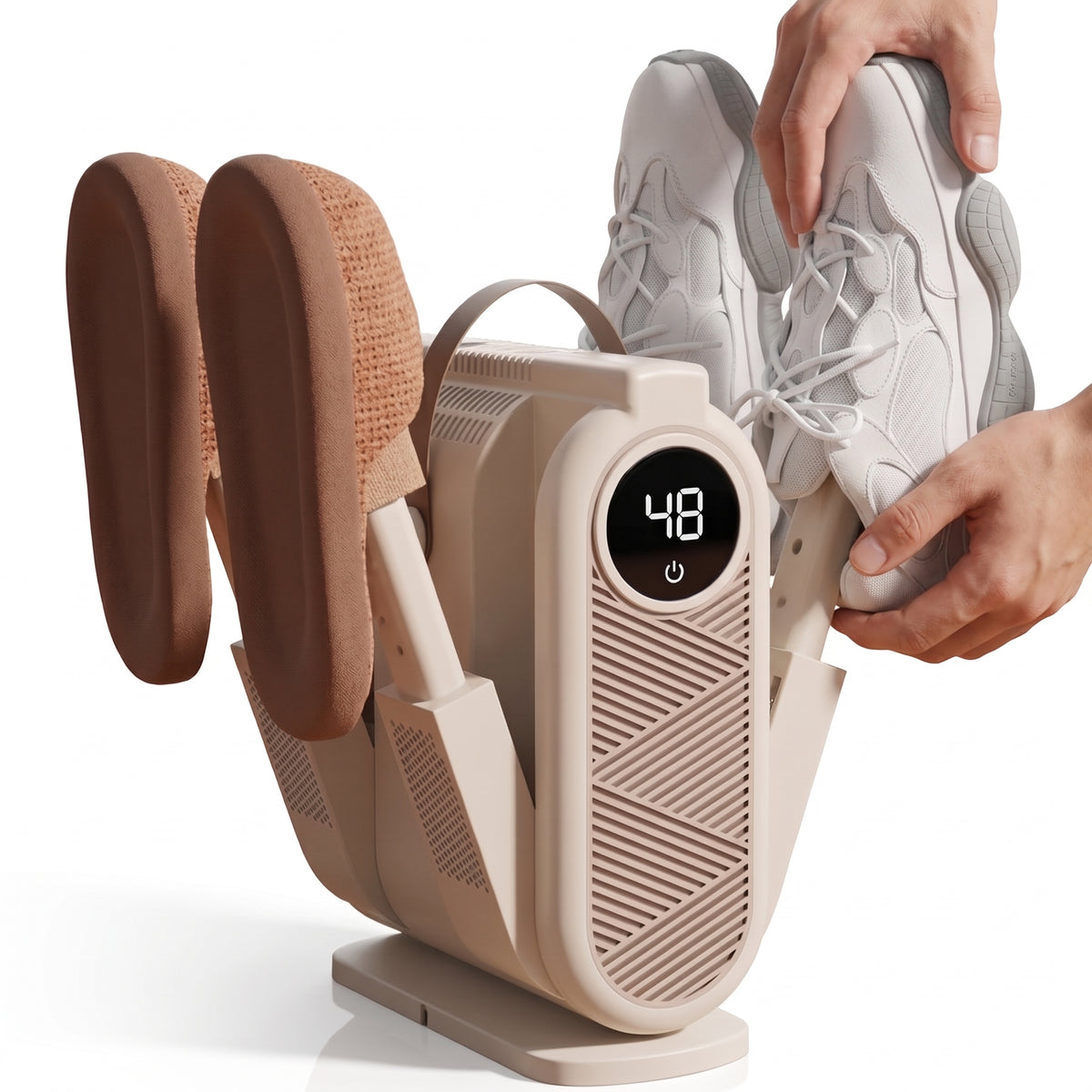 Beige Family dryer drying slippers and sneakers at once